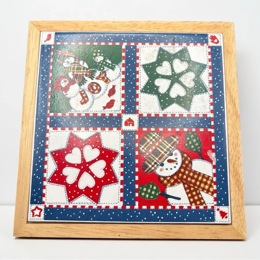 Hallmark Cards Christmas Ceramic Quilt Design With Wood Trim Trivet Vintage